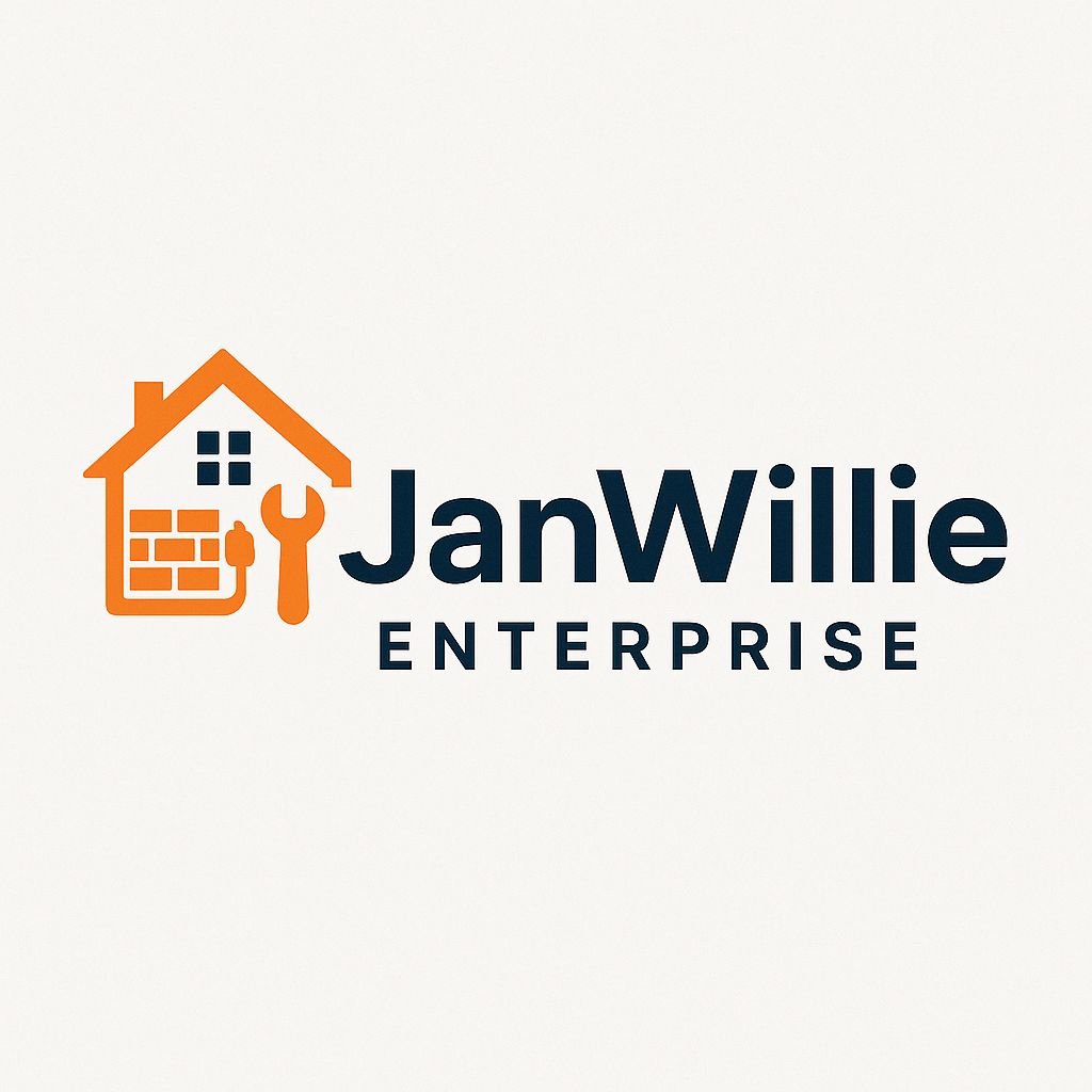 Logo for JanWillie Enterprise showing an orange house with brick, wrench, and plug icons beside navy-blue text “JanWillie Enterprise” on a white background.