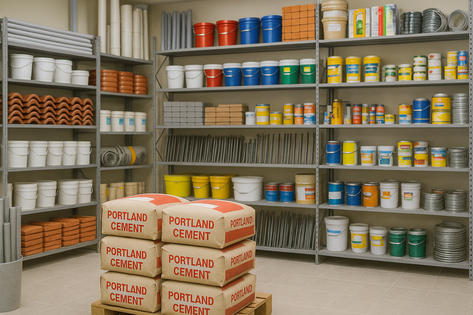 image of construction materials including stacks of cement, roofing tiles, paint buckets, plumbing pipes, and iron rods neatly arranged on store shelves.