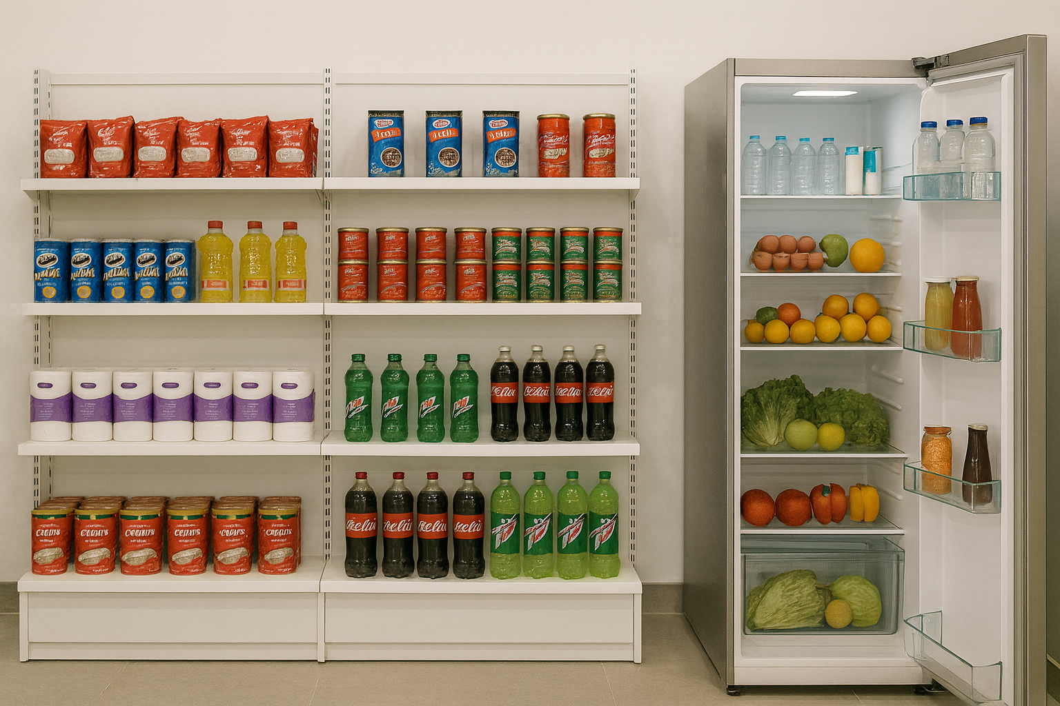 A realistic photo of the groceries section showing shelves of packaged food, toiletries, and drinks beside a fridge stocked with fruits, water, and dairy items.