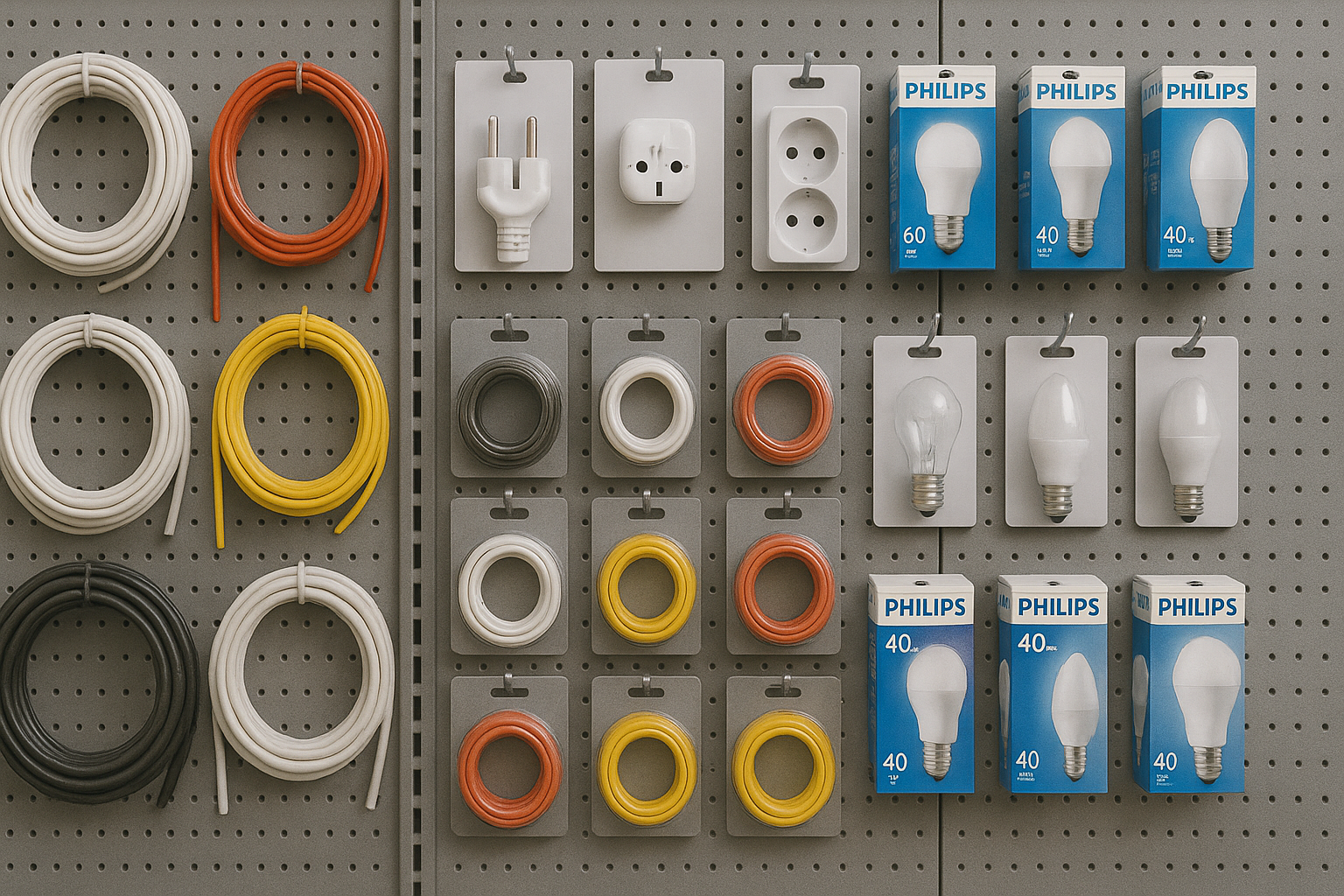 A realistic image of electrical cables, plugs, sockets, and bulbs neatly displayed on a store wall in the electrical section of JanWillie Enterprise.